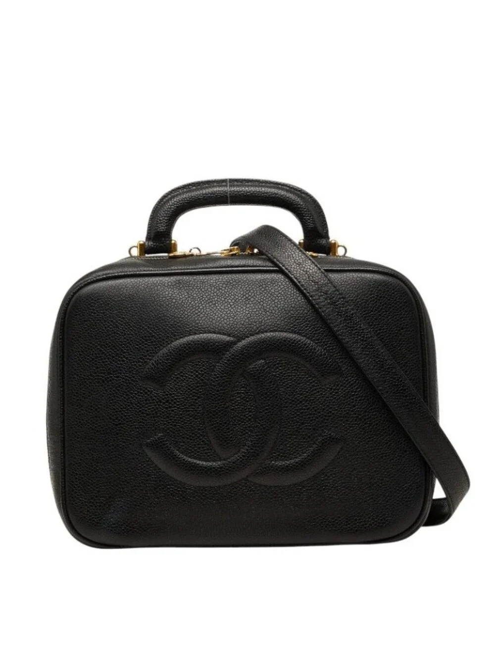 Chanel CC Logo Vanity 2-Way Shoulder Bag Black Caviar Leather